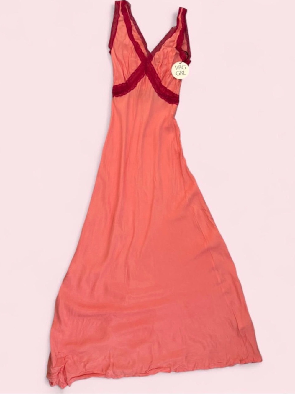 VRG GRL Coral Maxi Dress with Burgundy Trim